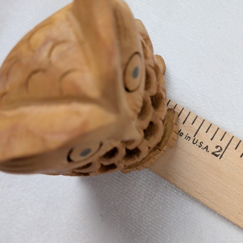 Vintage Hand Carved Wood Owl Figurine Jali Openwork Lattice 3 Inch Folk Art - Picture 8 of 8